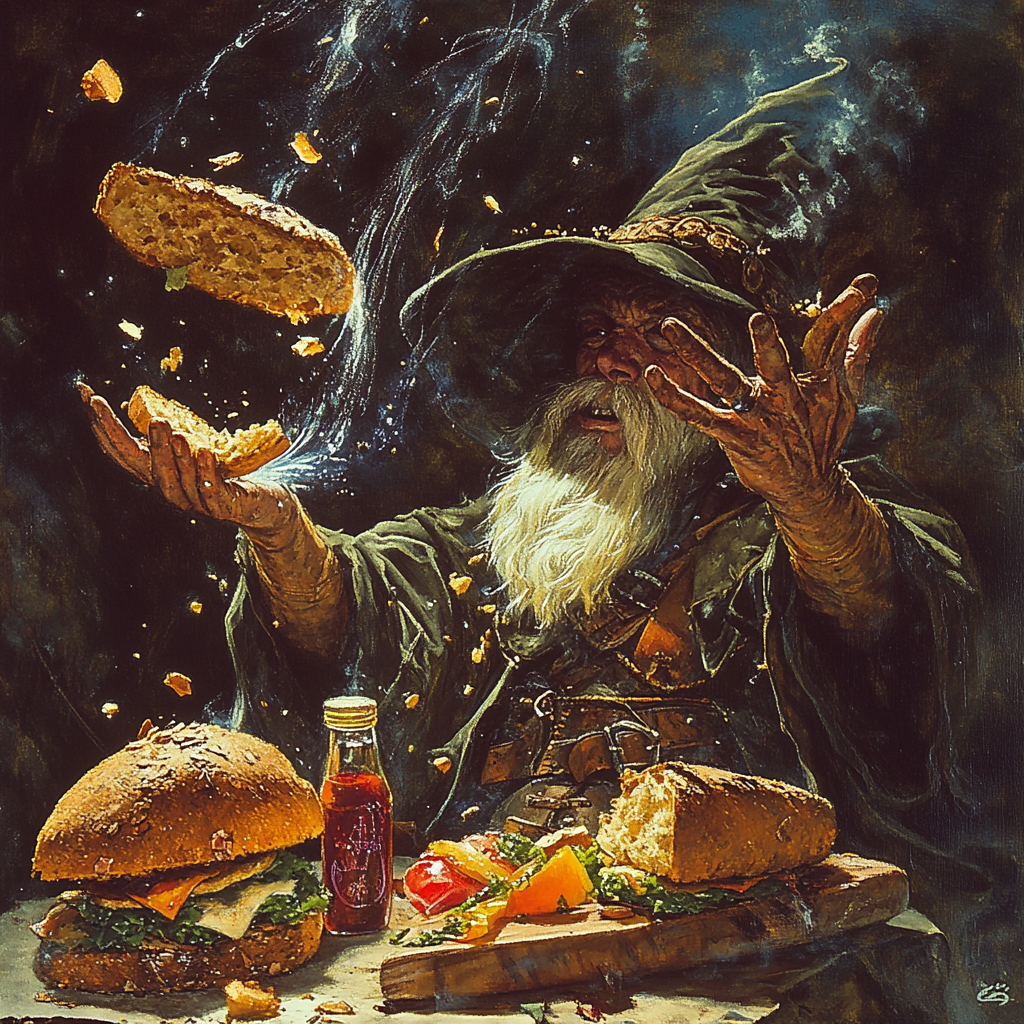 Wizard uses magic to make sandwich in fantasy world