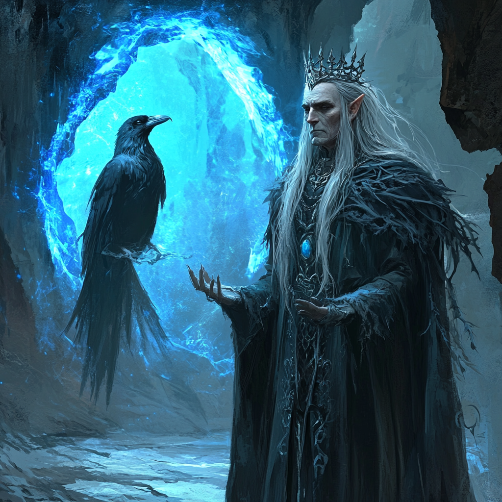 Wizard with elf queen, raven, blue portal, gothic style.