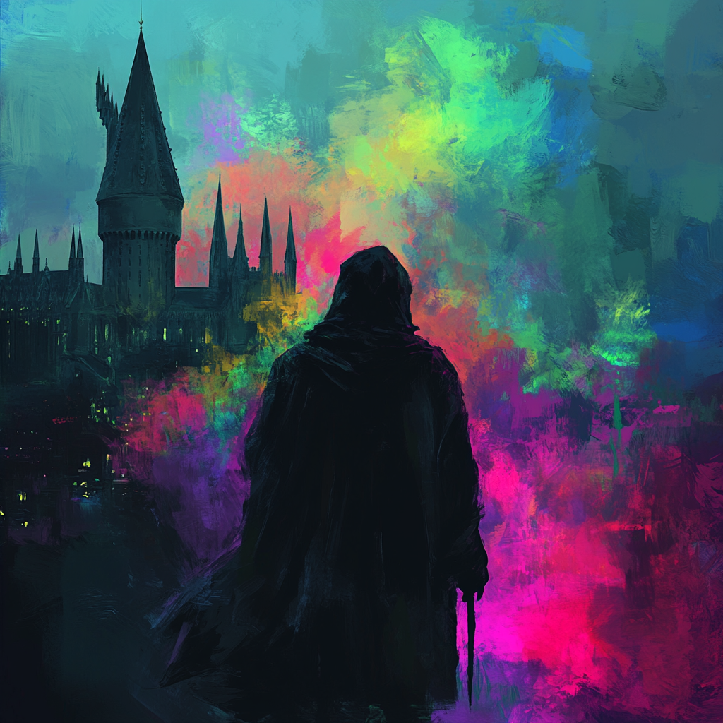 Wizard with wand looks at Hogwarts, colorful but dark.