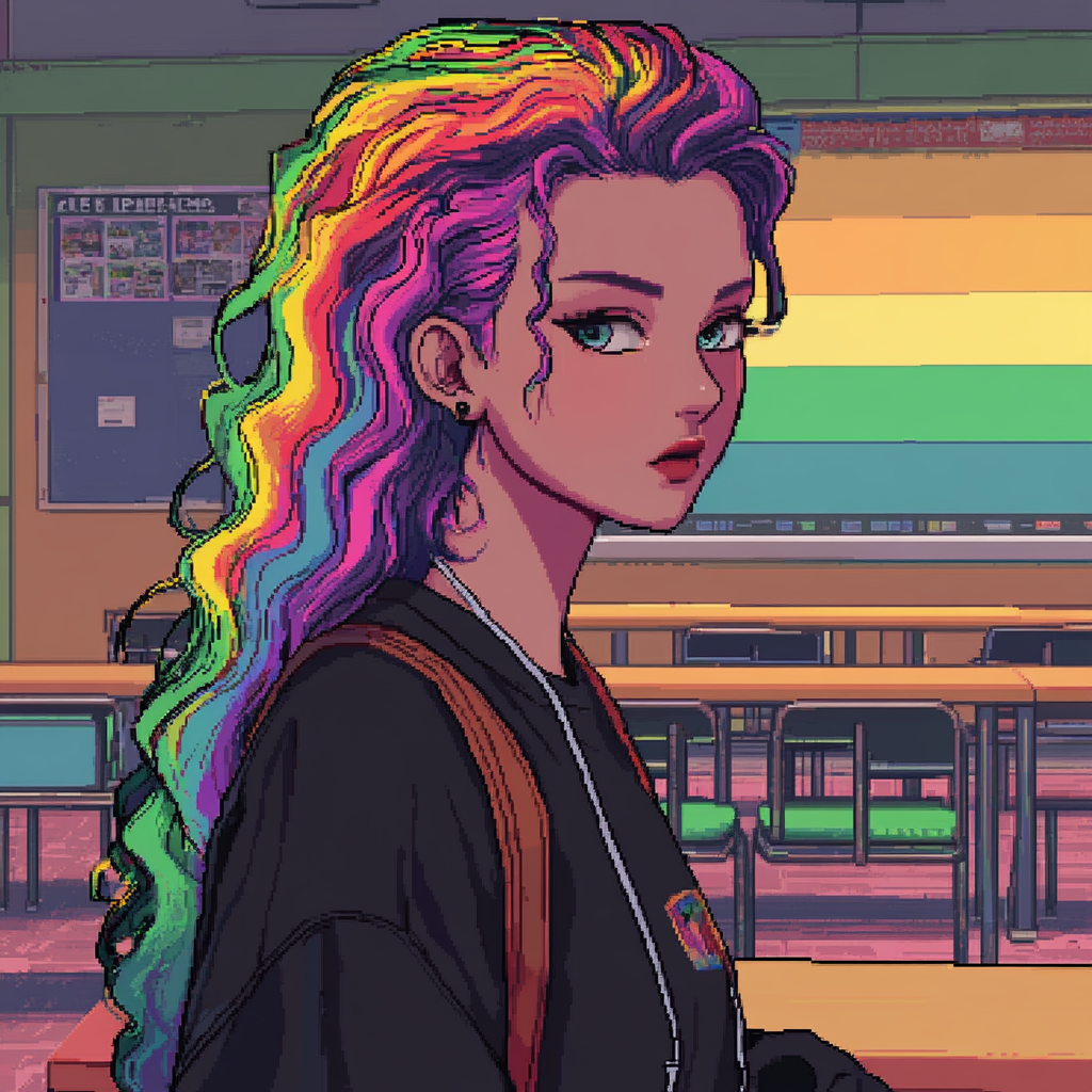 Woke Teacher with Rainbow Hair in NES Pixelated Classroom