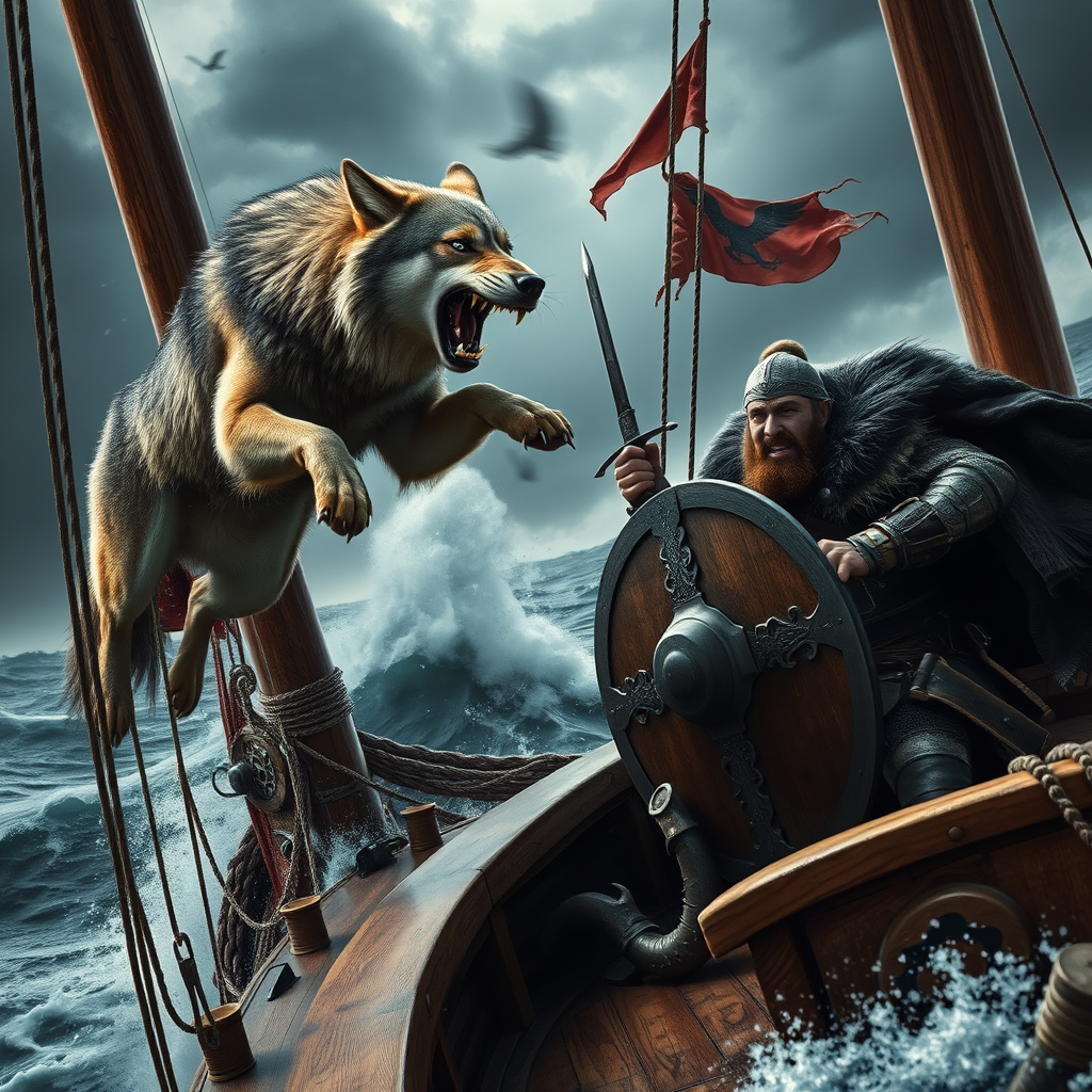 Wolf Attacking Viking on Stormy Ship Voyage