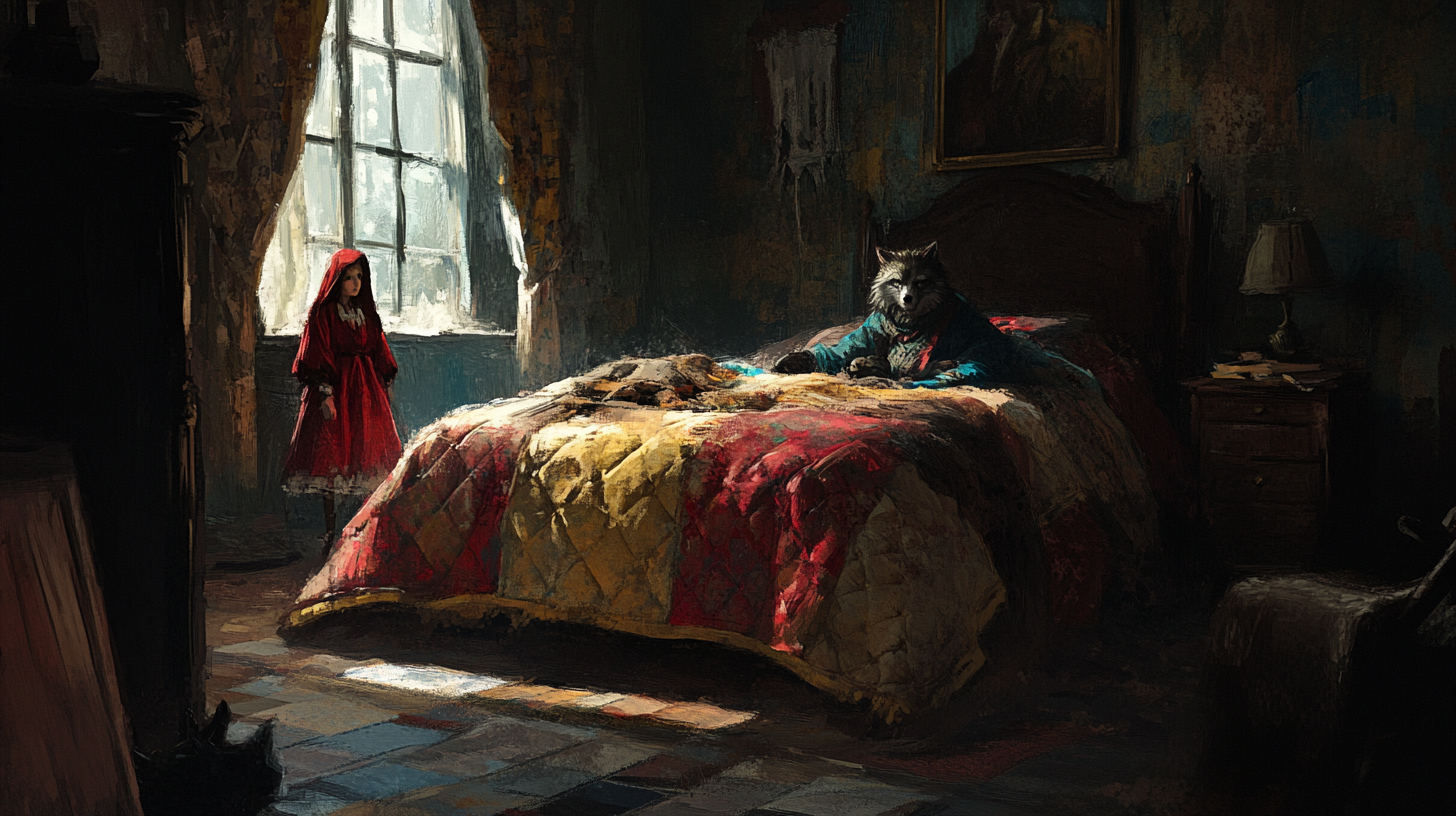 Wolf in grandmother's clothes in bed, Little Red confused.