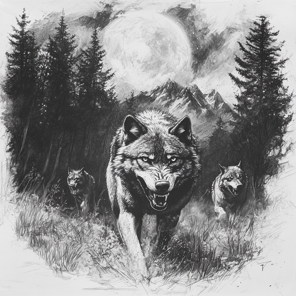 Wolf stalking in forest, moonlit mountain background illustration