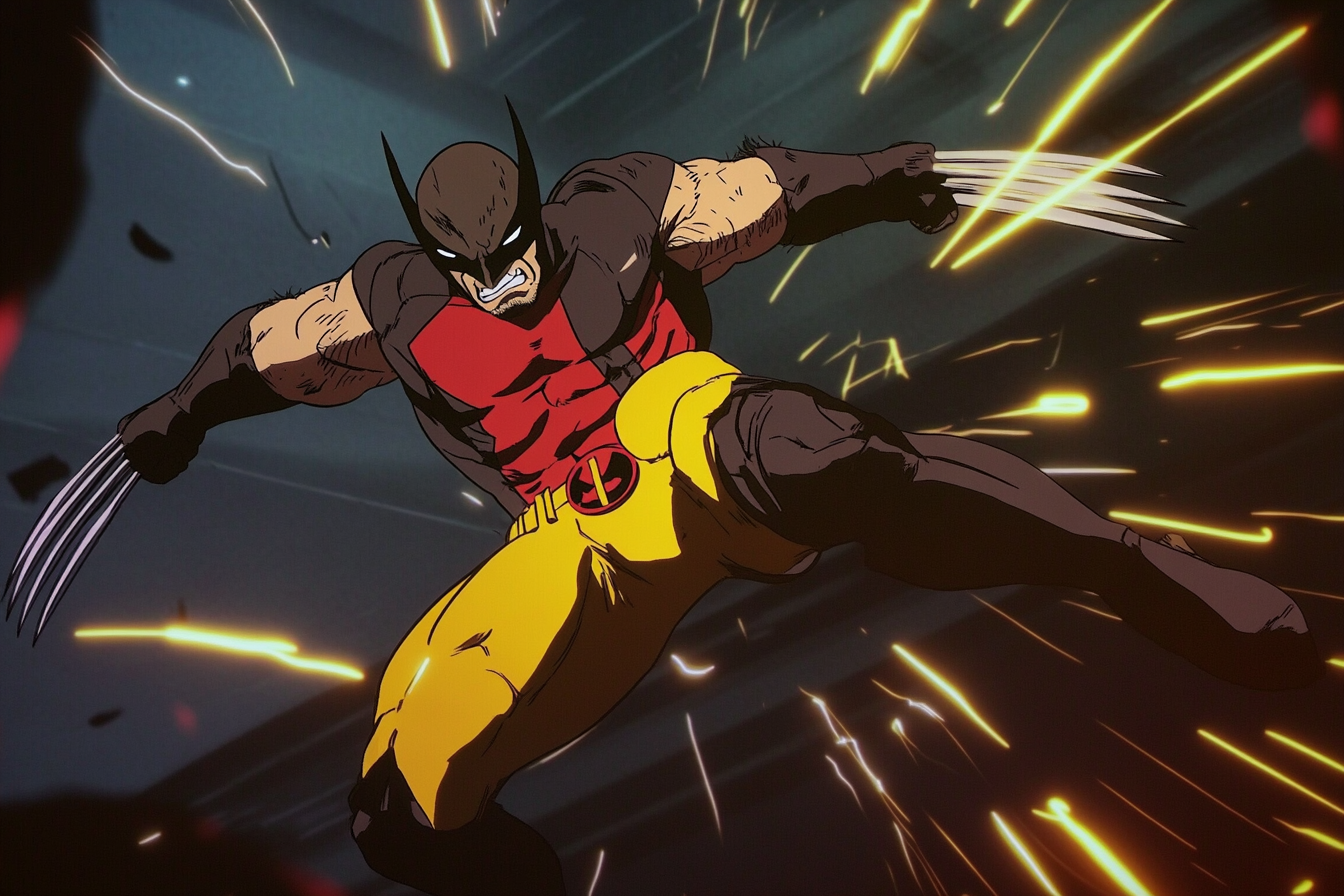 Wolverine counter-kicking Deadpool with intense energy and sparks.