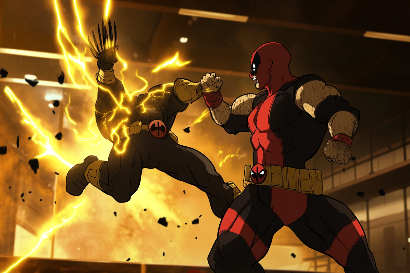 Wolverine kicks Deadpool, surprise and humor in reaction animation.