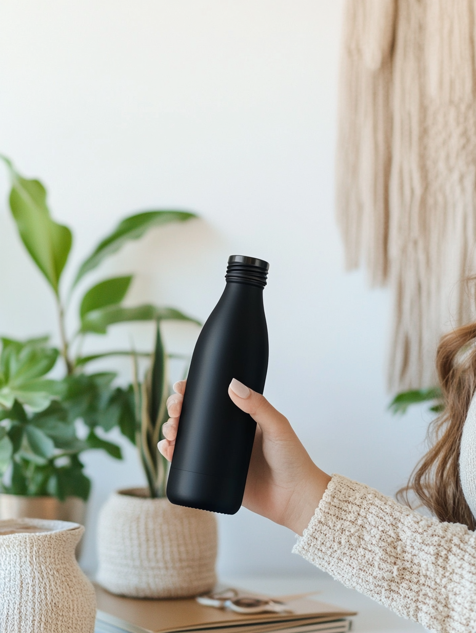 Woman's arm and hand holding black water bottle.