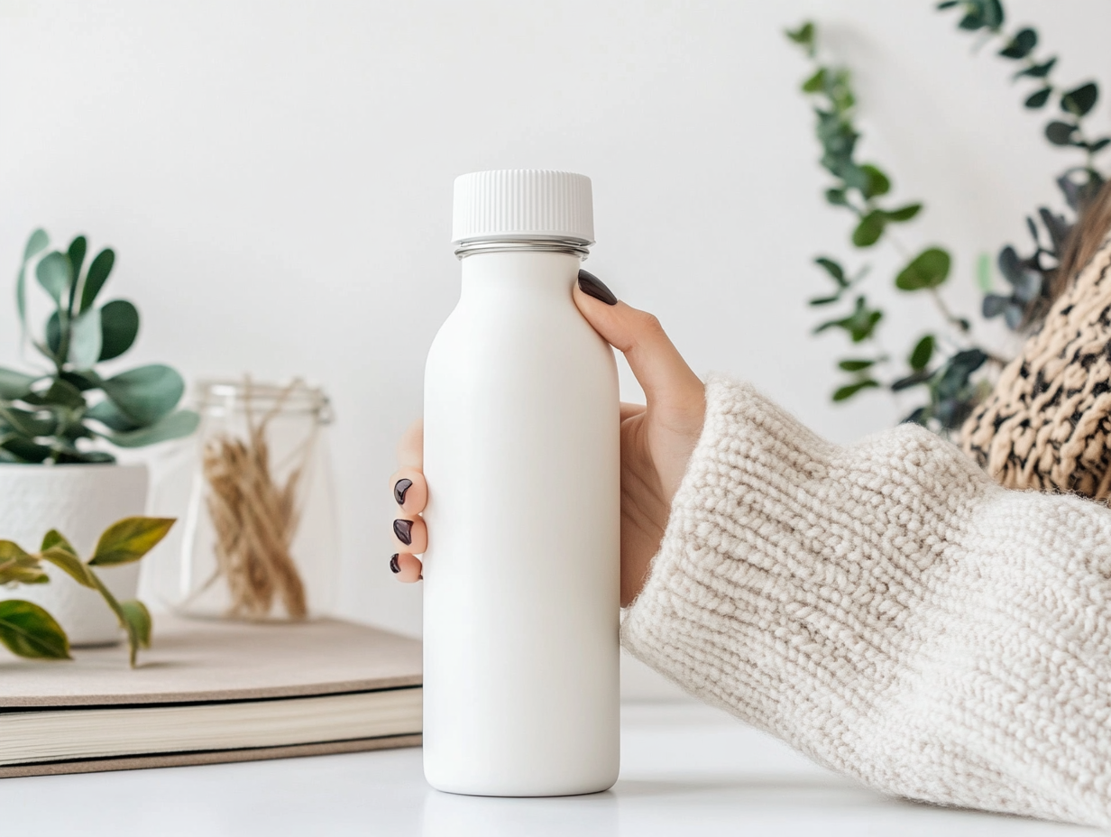 Woman's arm and hand holding white reusable water bottle.