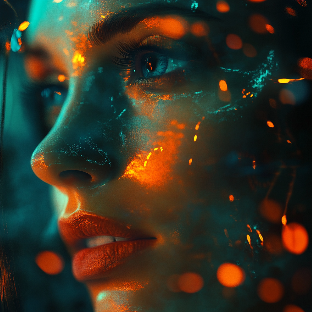 Woman's face with lights in turquoise and orange tones.