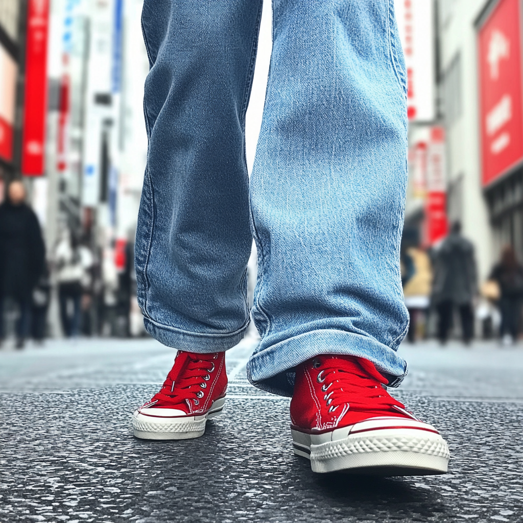 Woman's feet in red sneakers walking in Ginza.