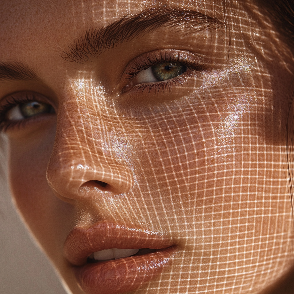 Woman's flawless face with grid overlay, modern aesthetic.