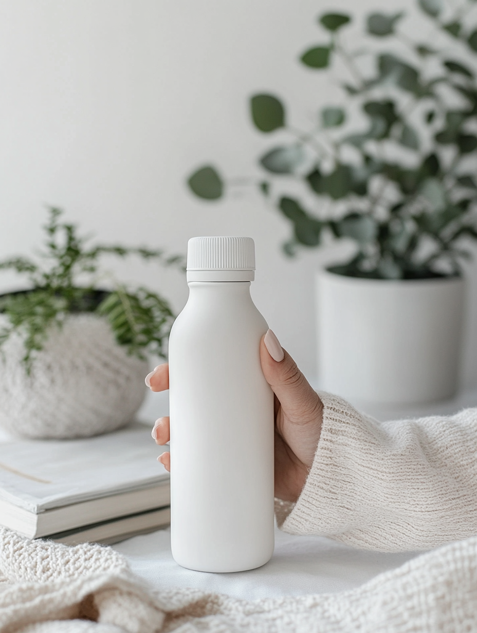 Woman's hand holding reusable water bottle, white background.