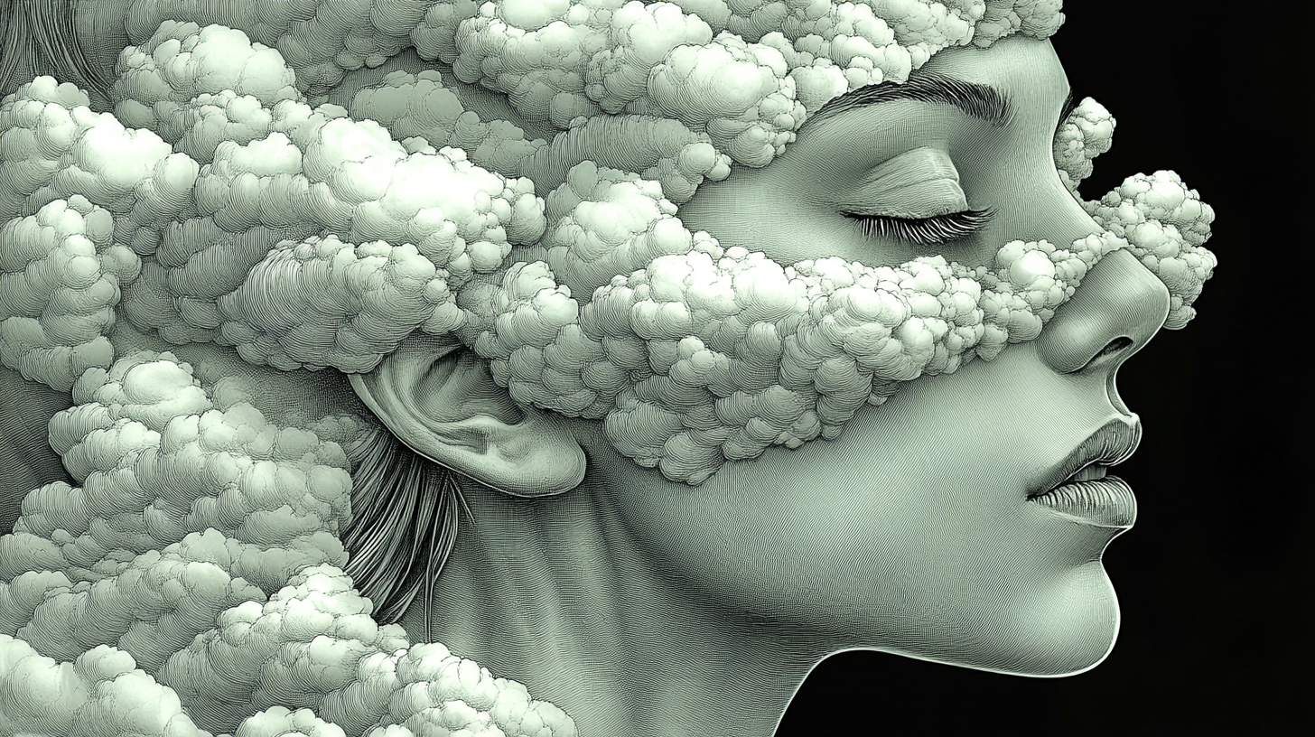 Woman's head covered by white cloud pieces simply designed.