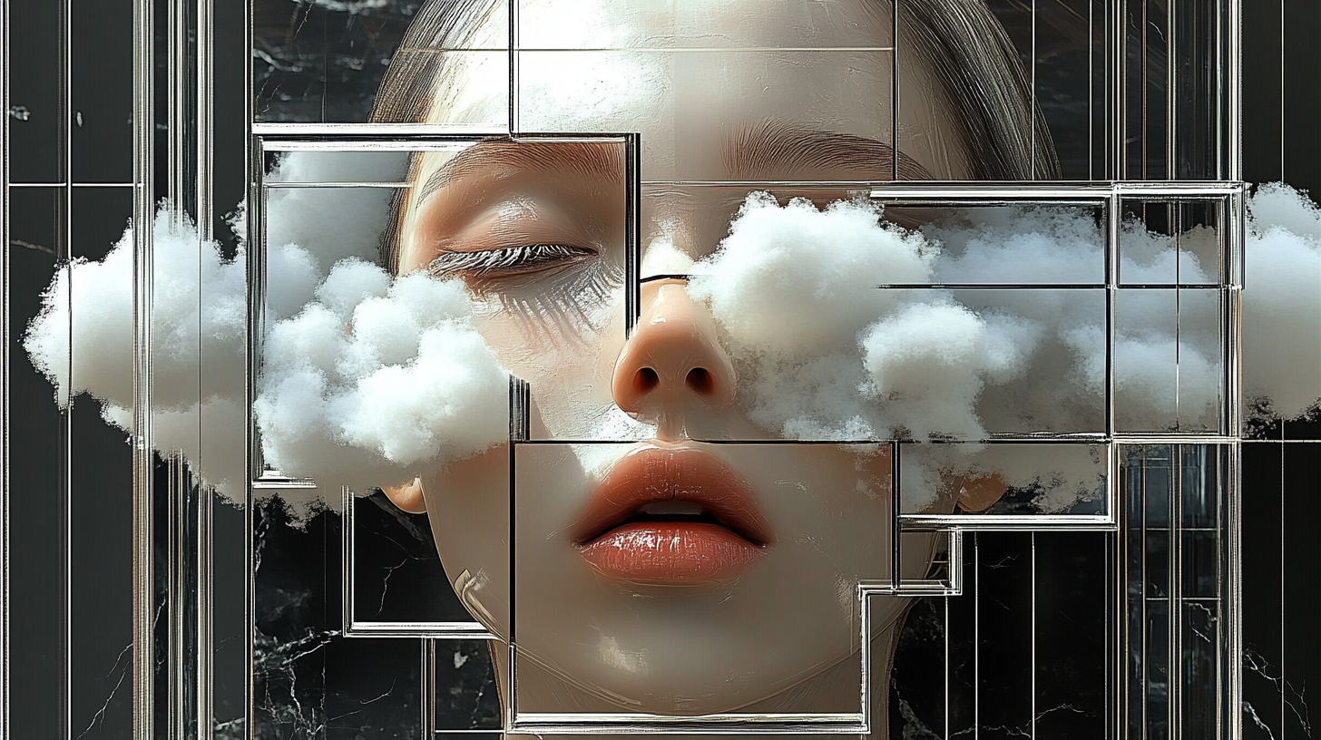 Woman's head cut in half with clouds, illusionistic effect.