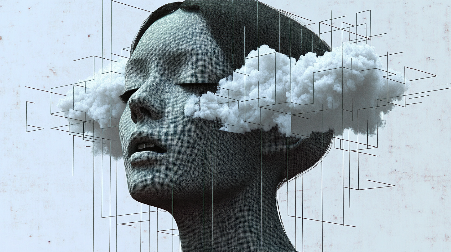 Woman's head cut in half with clouds, lines.