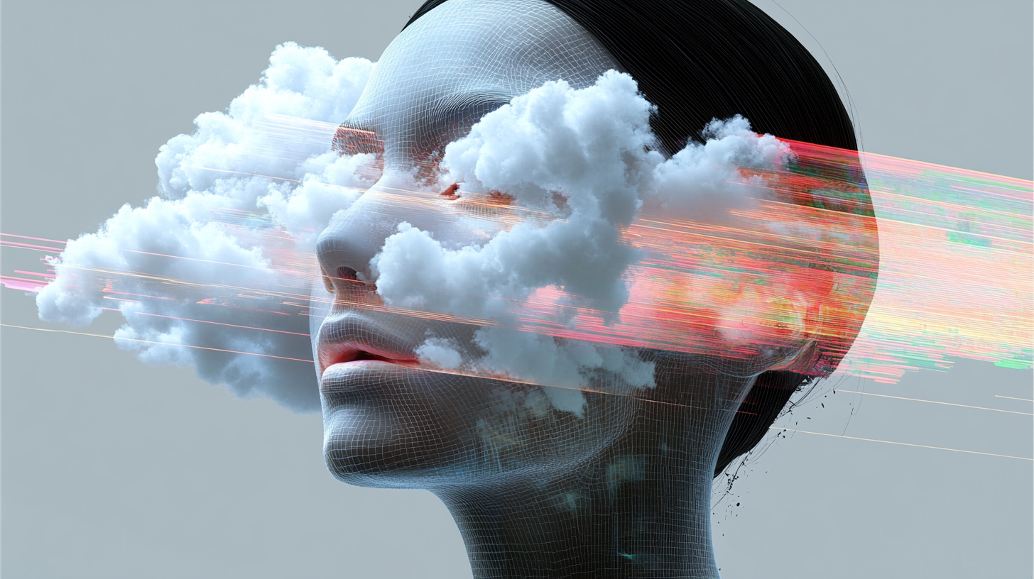 Woman's head cut in half with clouds obscuring features.