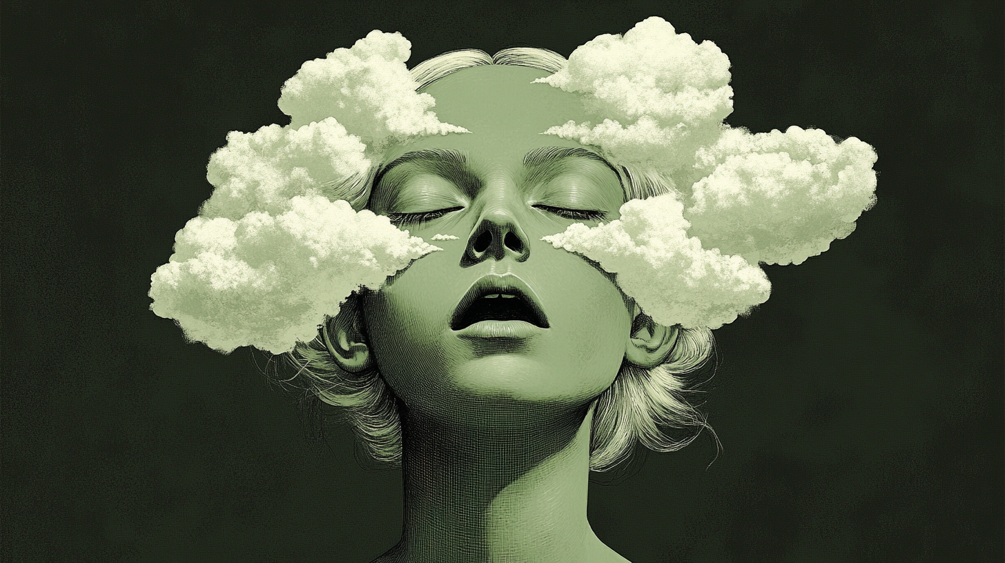 Woman's head split in half with white clouds.