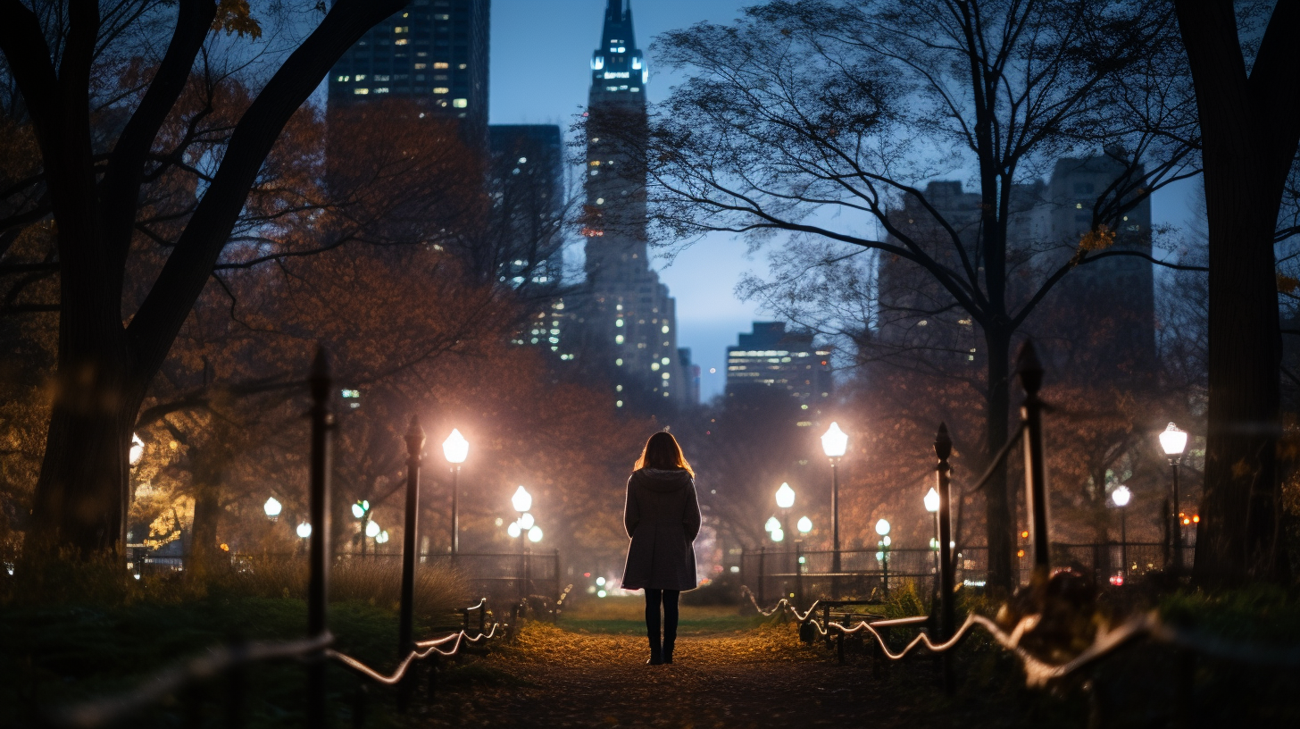 Woman Alone Among Glowing City Lights