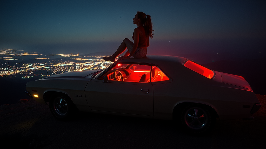 Woman Dreamily Overlooking City on Neon-Lit Car
