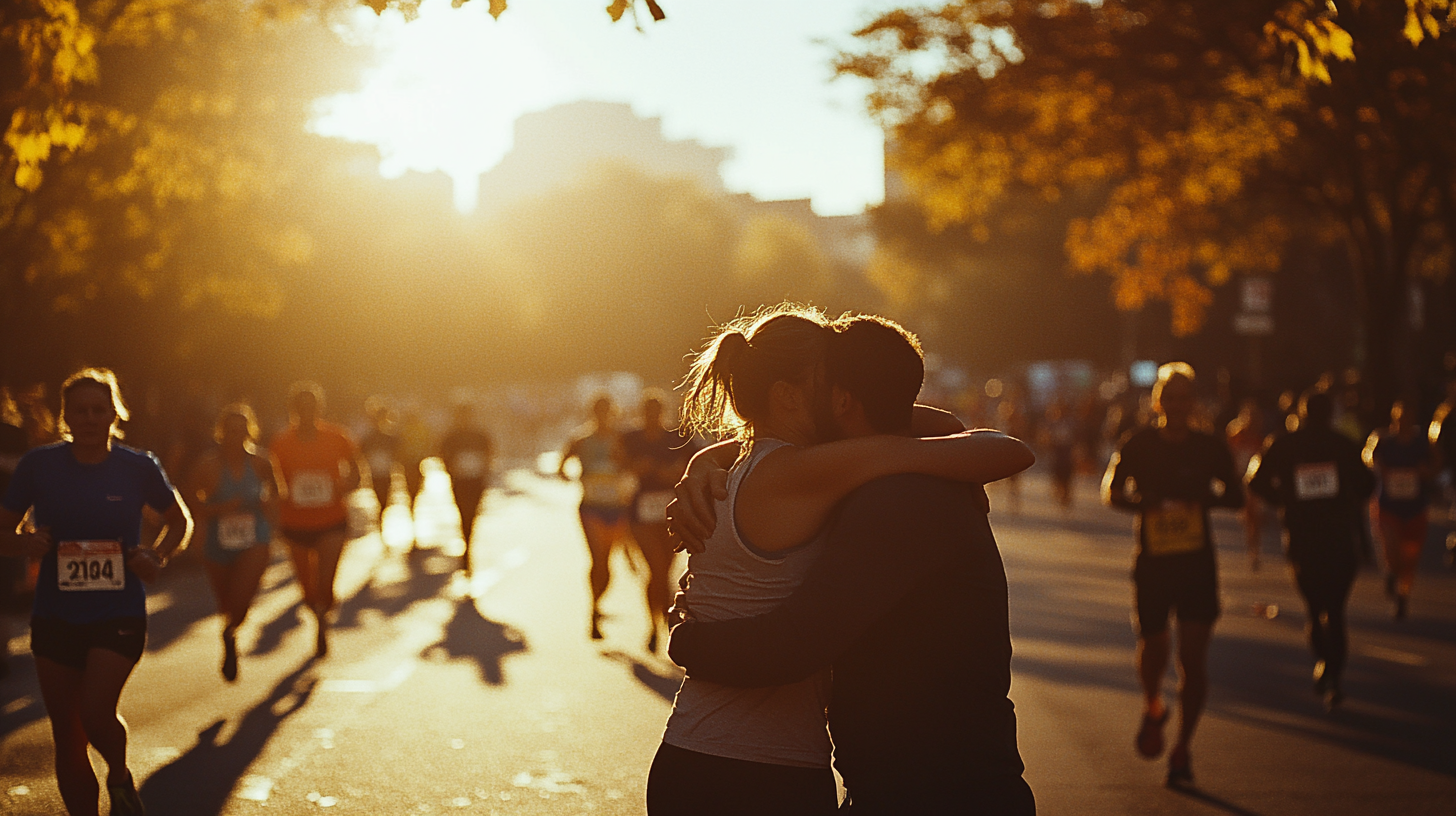 Woman Embraced by Husband After Marathon Race