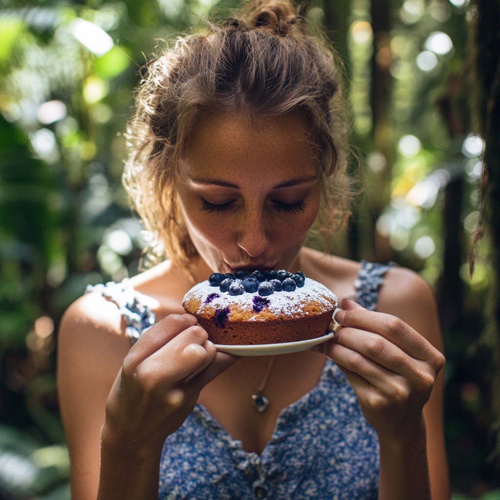 Woman Enjoying Almond Cake in Nature