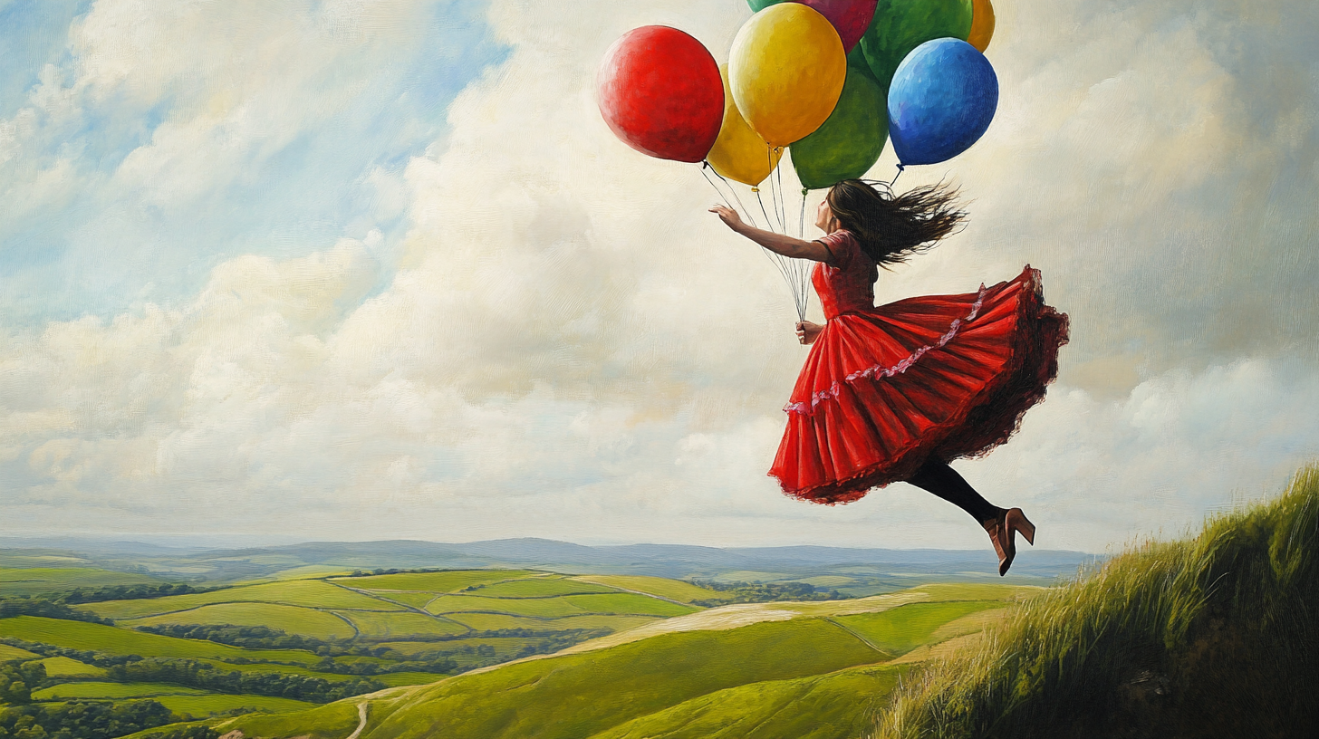 Woman Flying with Balloons over Green Landscape AR 16:9 