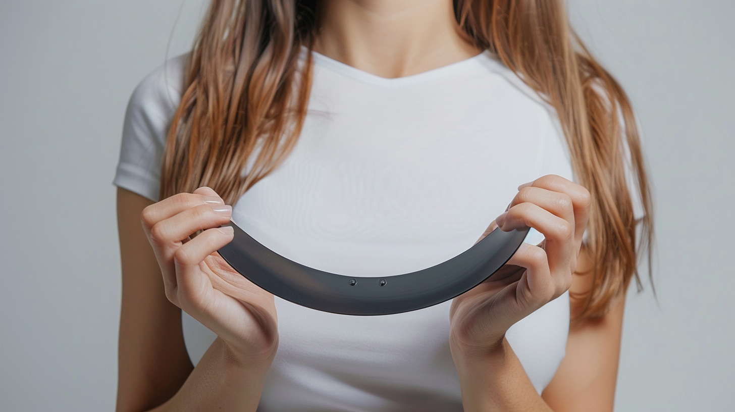 Woman Holding 23cm Halfcircle Device, Epic Mood, White Background 