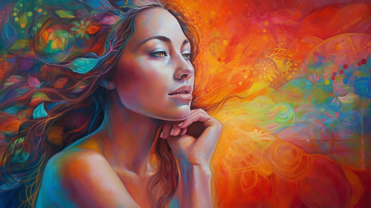 Woman Meditating with Bright Painted Art Background