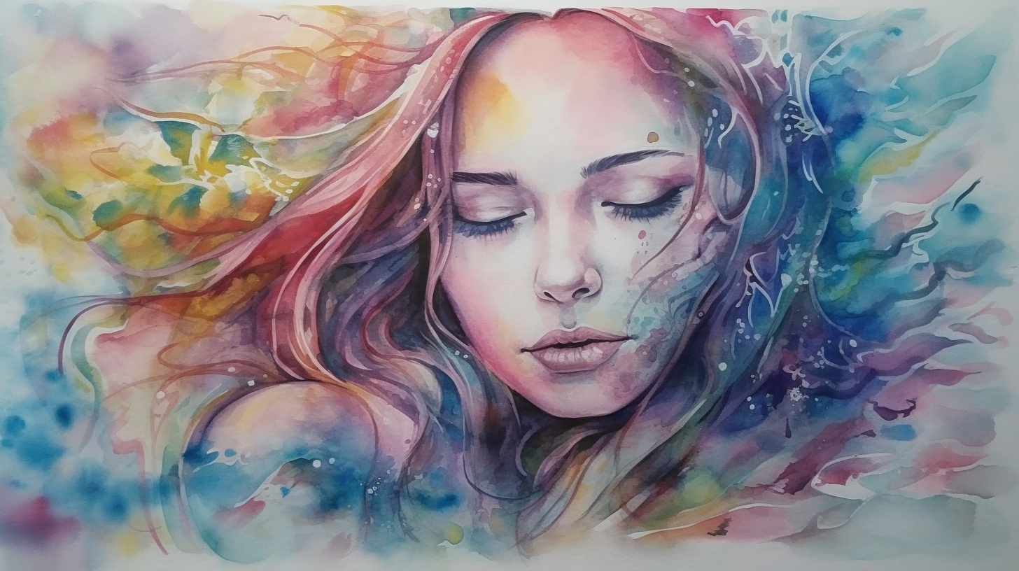 Woman Meditating with Vibrant Watercolor Energy Art