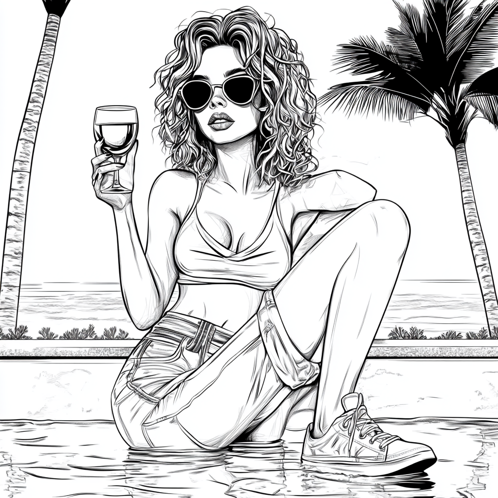 Woman Posing by Pool with Wine, Vector Outline