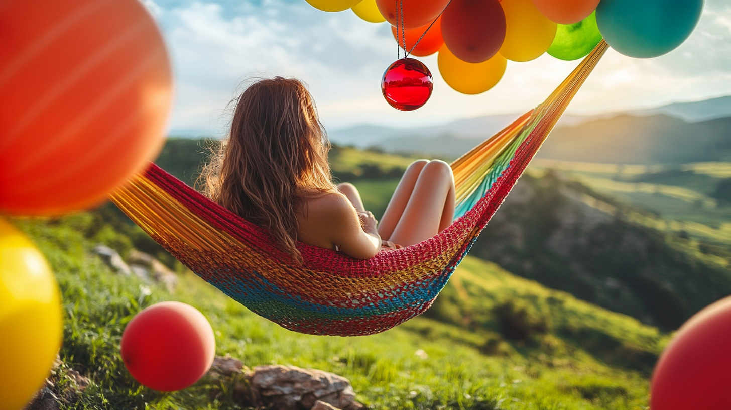 Woman Relaxing in Hammock with Balloons and Glass Ball in Mid Air Outdoors - 16:9 Ratio