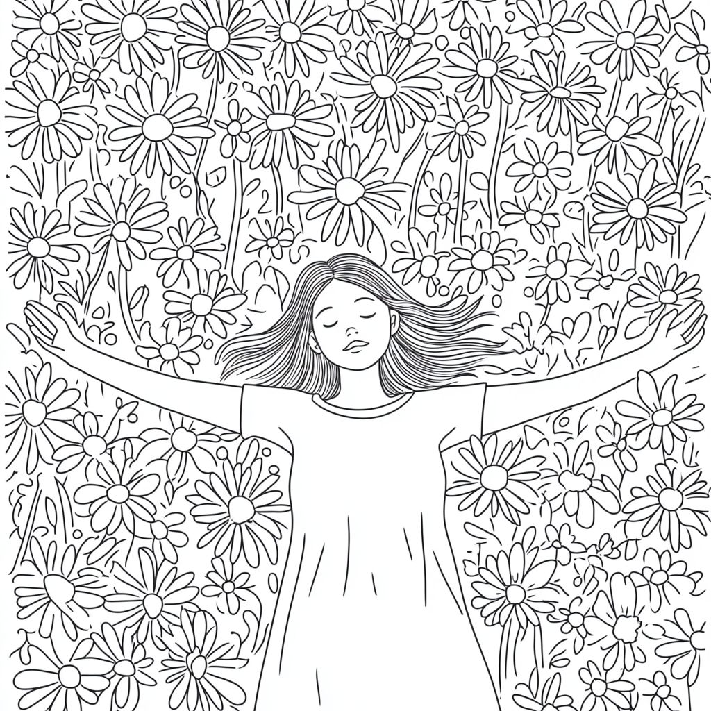 Woman Rests in Daisy Field Coloring Page