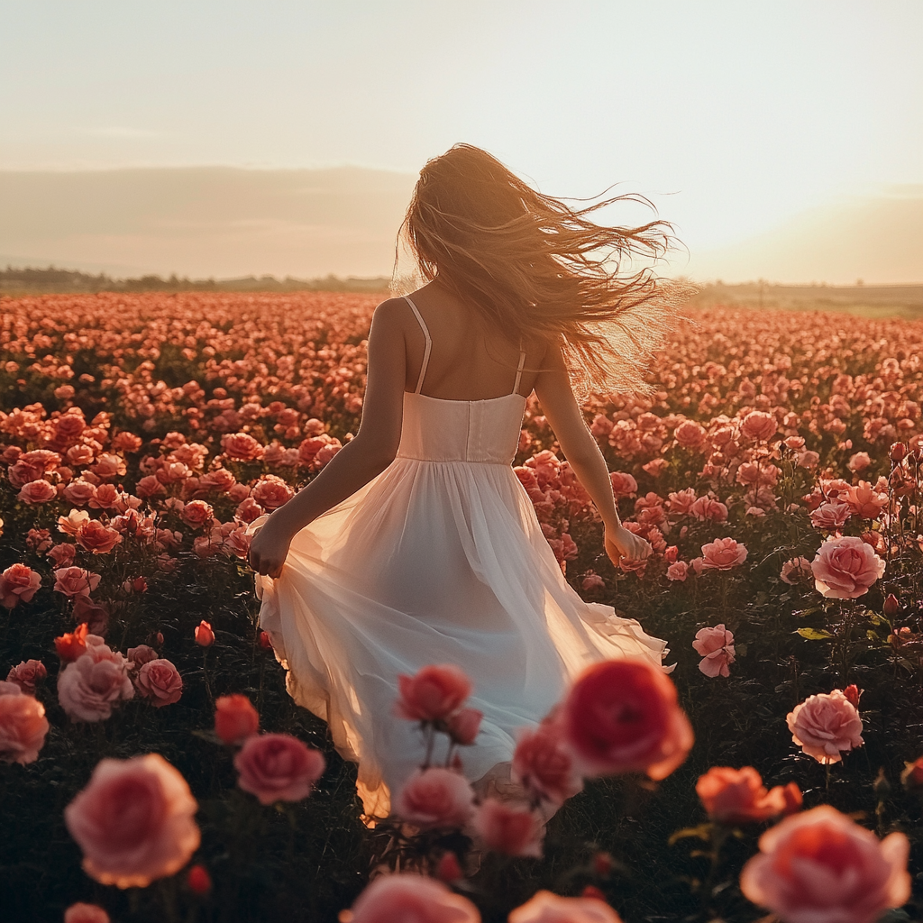 Woman Running Through Blooming Rose Field