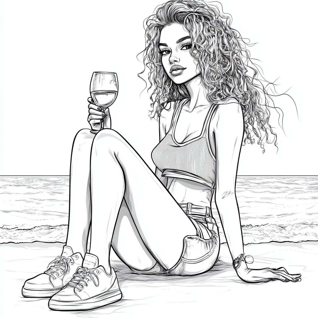 Woman Sipping Wine on Beach, Black and White Outline