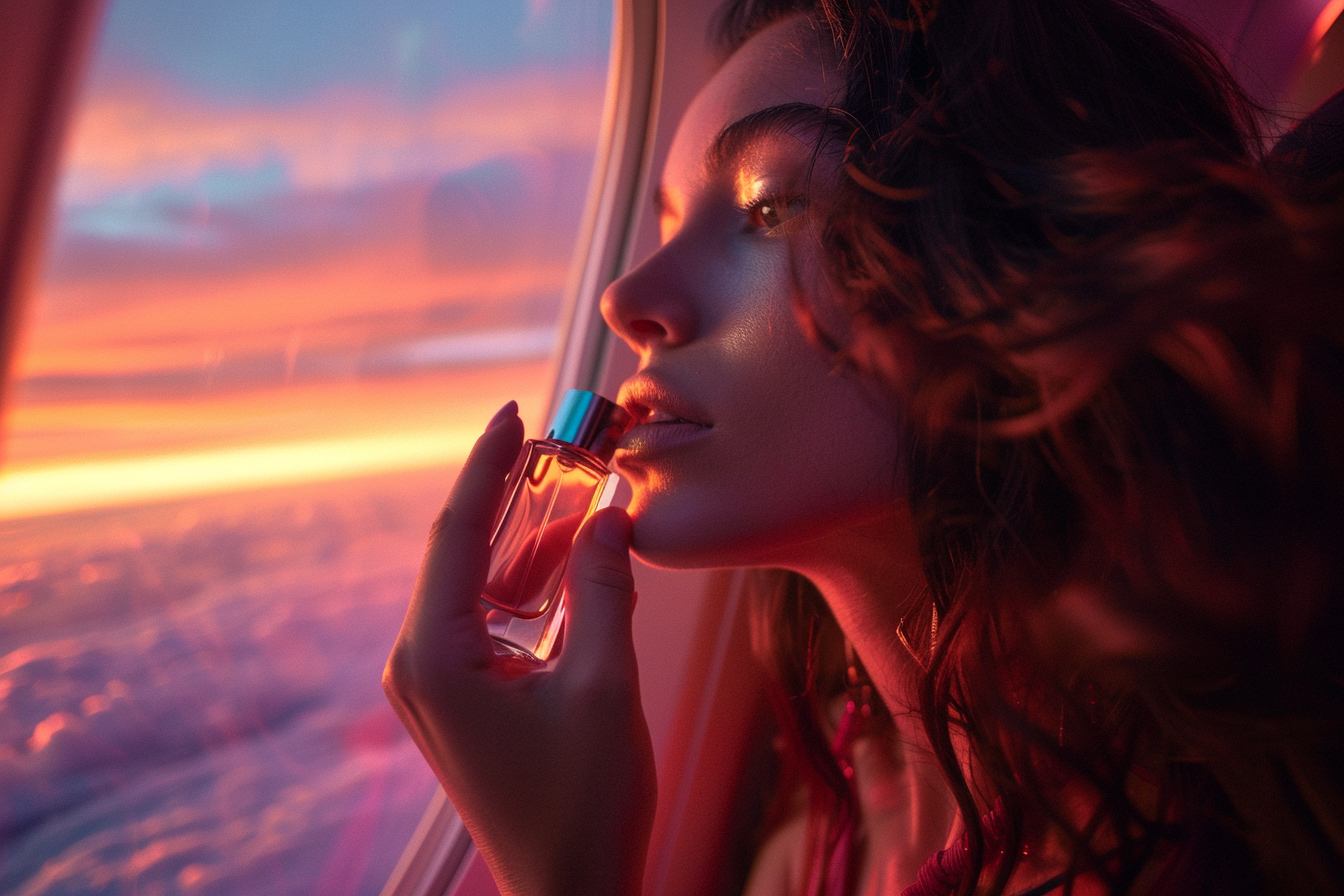 Woman Smelling Perfume in Airplane During Sunset