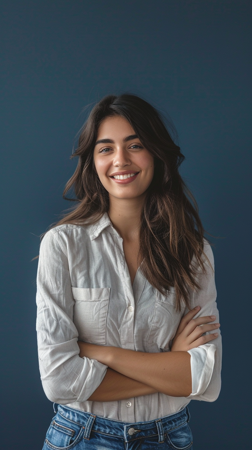 Woman Smiling with Arms Folded in Blue Background