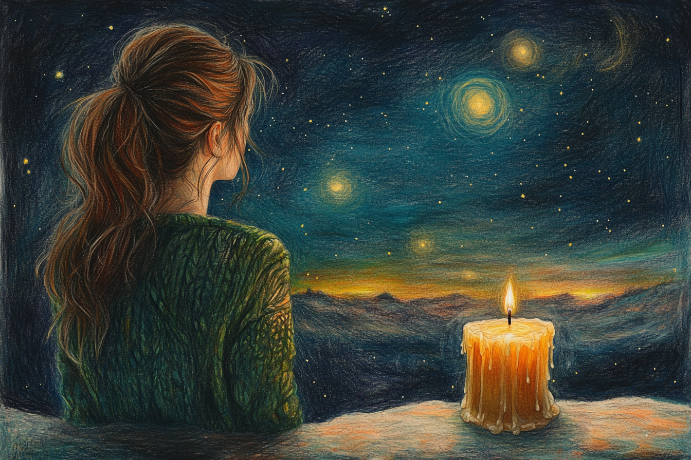 Woman admiring stars next to big candle at night.