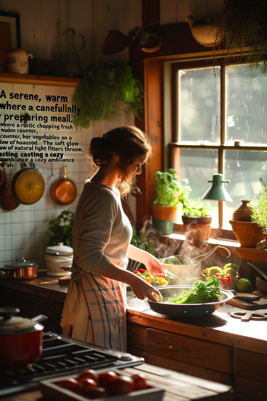 Woman chopping vegetables in cozy, warm kitchen ambiance.