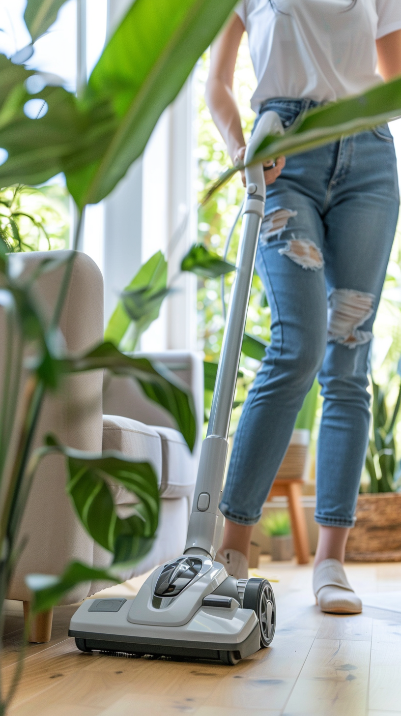 Woman cleaning with Bosch vacuum in modern living room.