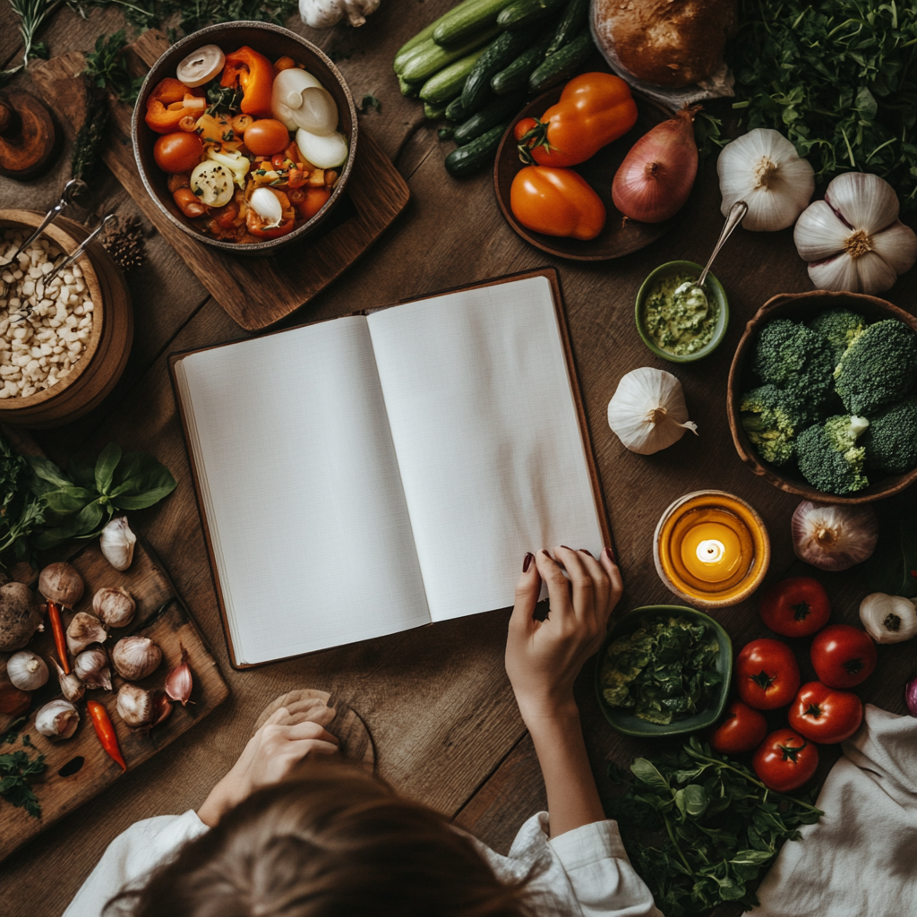 Woman cooking vegetables, closed recipe book on plum table.