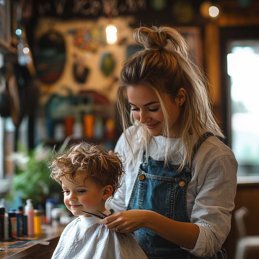 Woman cutting child's hair in colorful kid's salon.