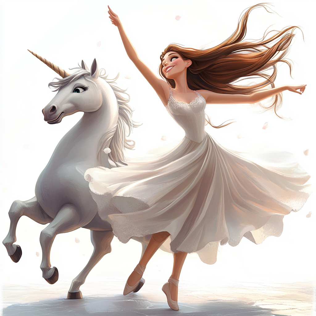 Woman dancer with flowing long hair dances next to unicorn.