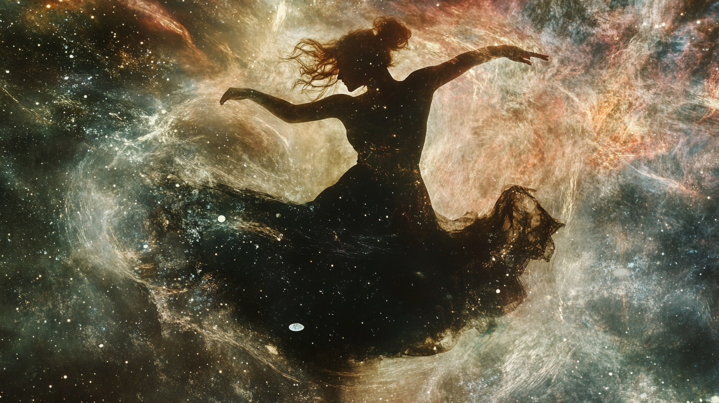 Woman dancing fades into cosmic nebulae, oil painting.