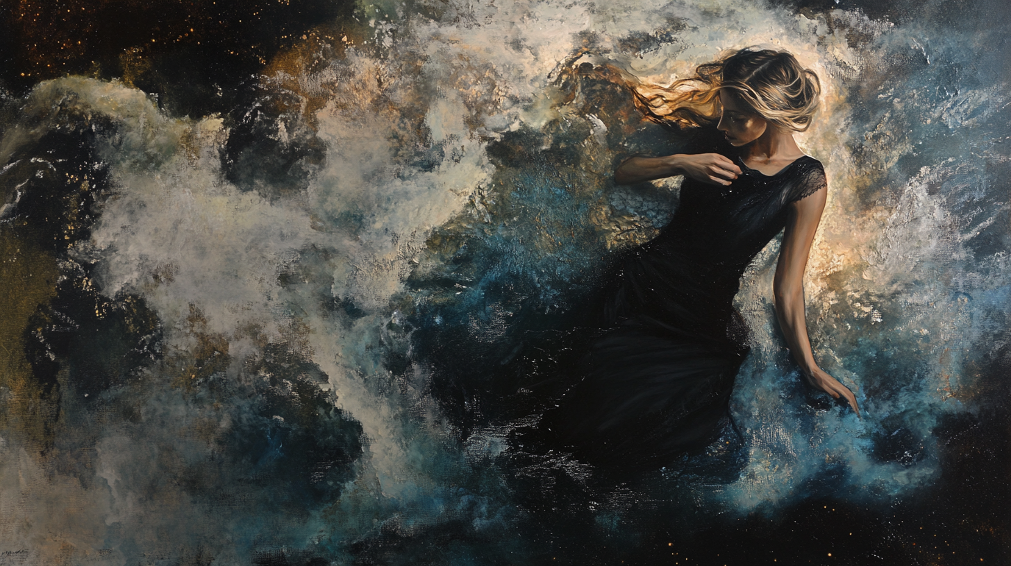 Woman dancing in cosmic nebulae: ephemeral elegance.