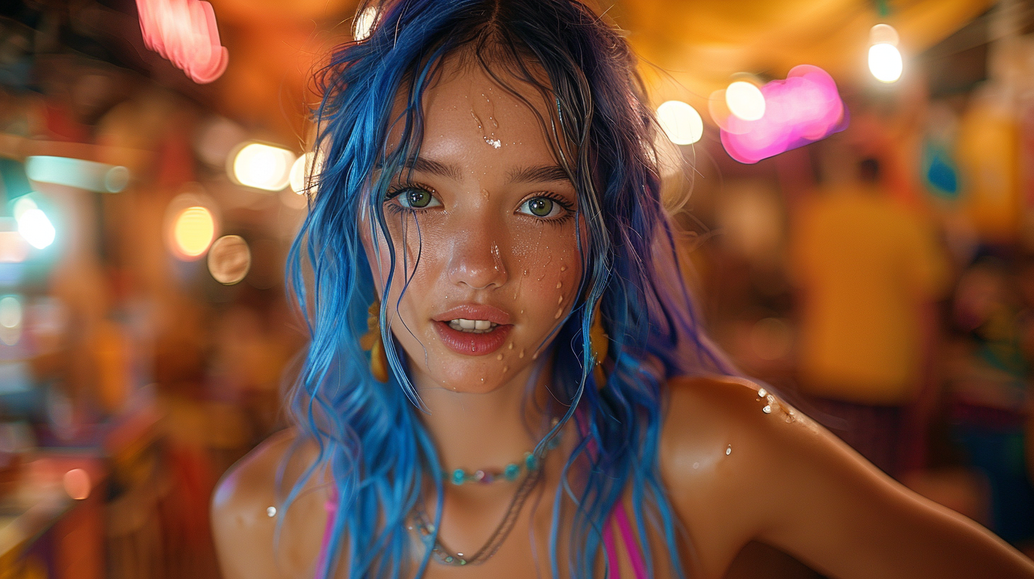 Woman dancing with blue hair on futuristic neon-lit market.