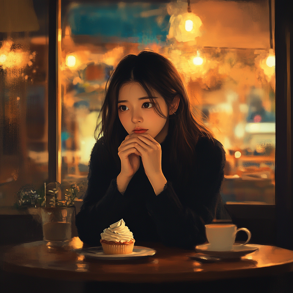 Woman debating eating dessert in cozy cafe with warm lighting.