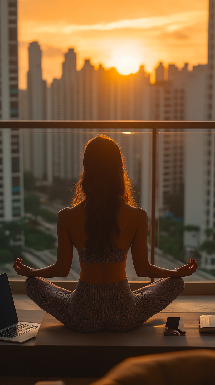 Woman does yoga on balcony