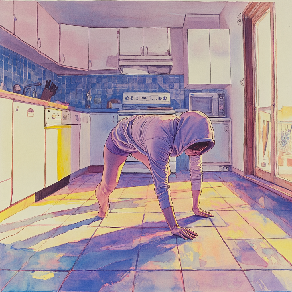 Woman doing push-ups on kitchen floor with pastel colors.