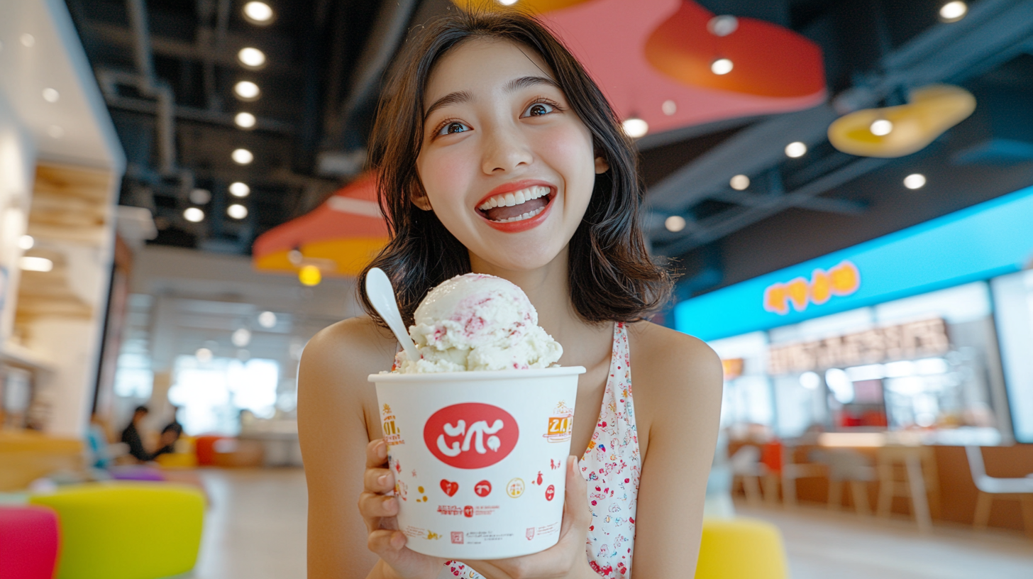 Woman eating ice cream messily in colorful room.