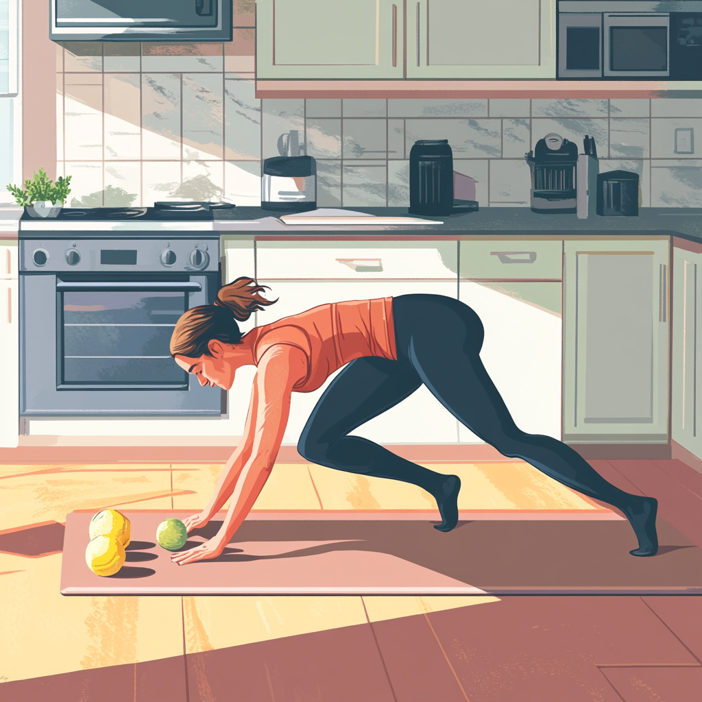 Woman exercising in kitchen with vector art style