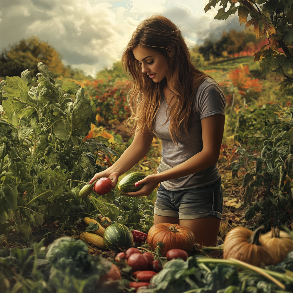 Woman gardening in fall vegetables, smiling on cloudy day.